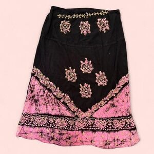 A wyld thyme embellished maxi skirt black pink flawed boho granola festival